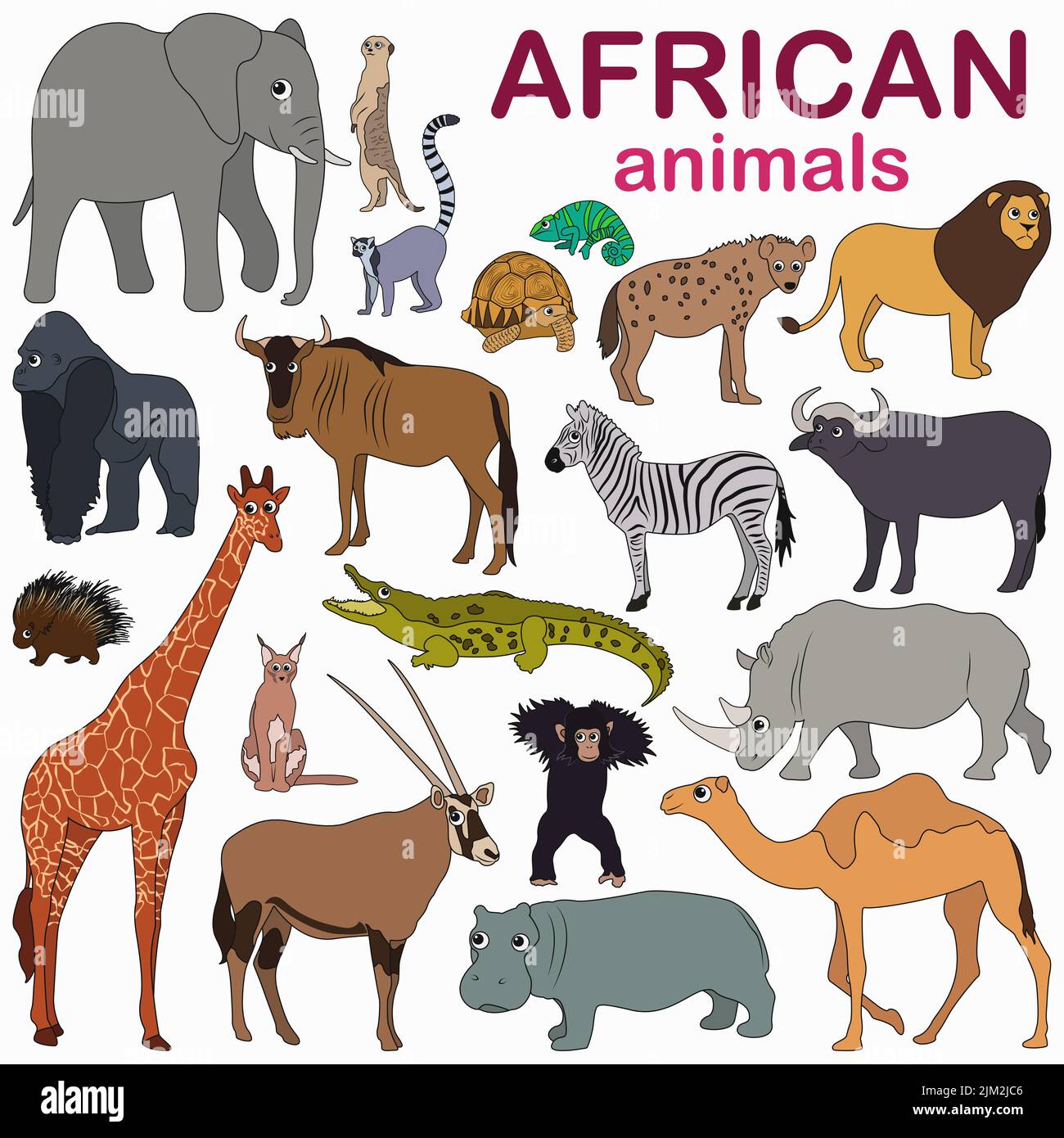 Grande collection d'animaux africains de dessins animés. Illustration de Vecteur