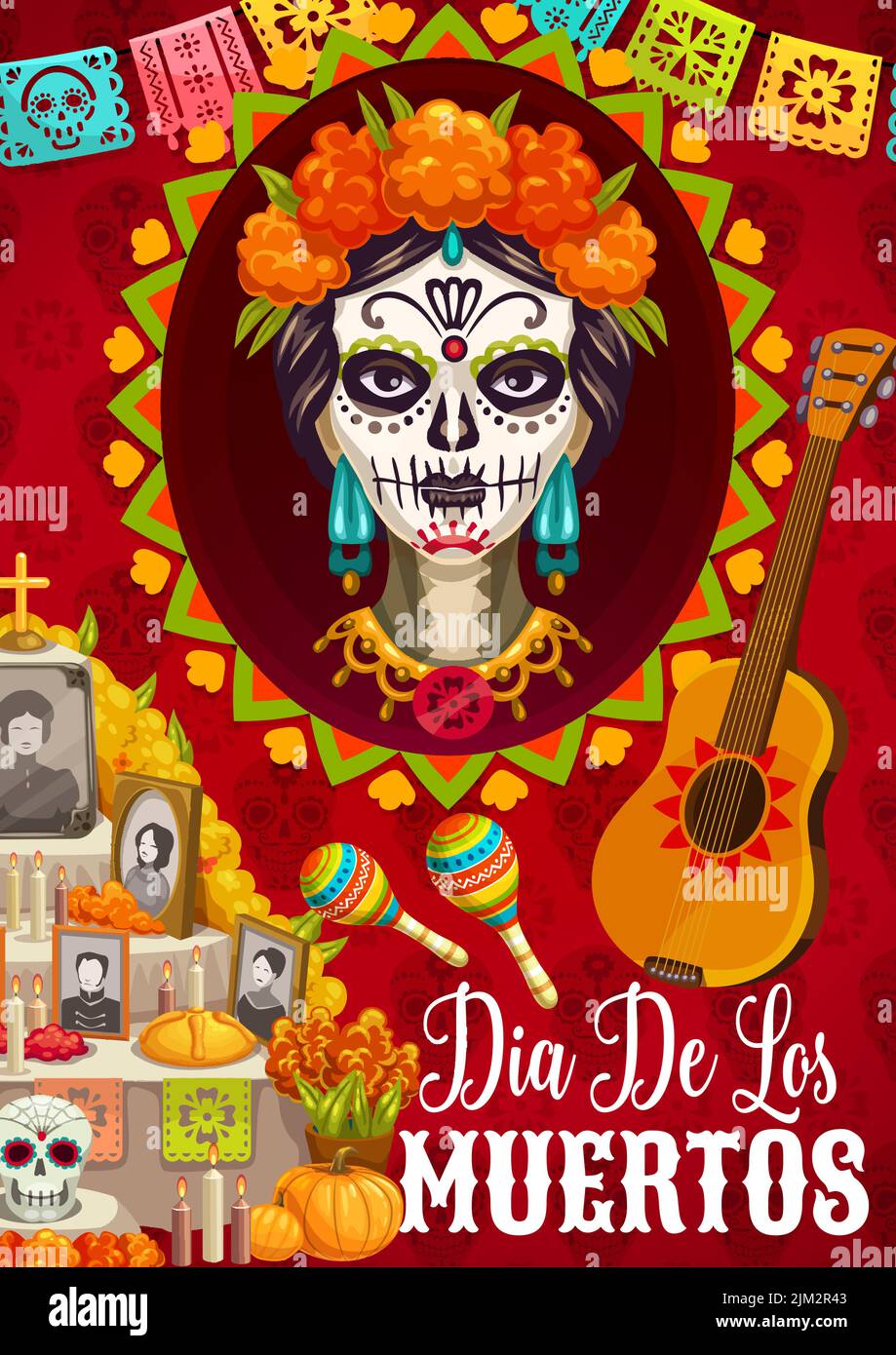 Journée mexicaine de la mort Dia de los Muertos circulaire ou affiche. Motif carte de vœux de Noël vectoriel avec Catrina en couronne de fleurs marigold, autel avec photos Illustration de Vecteur
