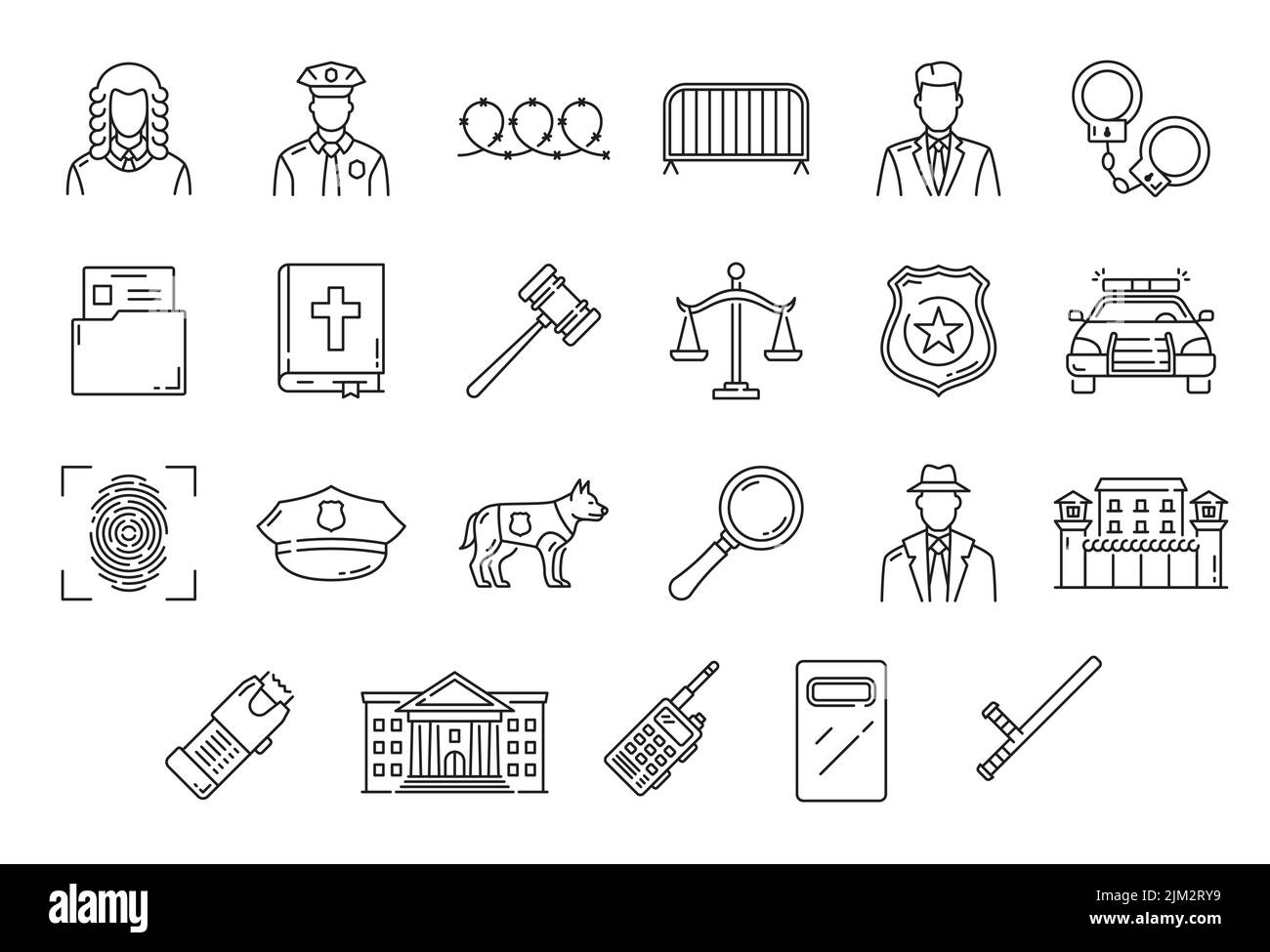 La justice, le service juridique, la police, le tribunal, le droit et l'avocat présentent des icônes. Juge vectoriel isolé, gavel et avocat, livre de droit, document de poursuite, justice sc Illustration de Vecteur