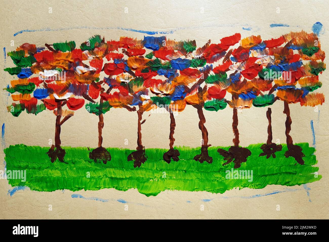 Motif fleuri fait main. Arbres fleuris peintures abstraites de la nature. Peinture d'art colorée avec peintures acryliques. Dessiner comme un passe-temps. Peinture faite à la main Banque D'Images