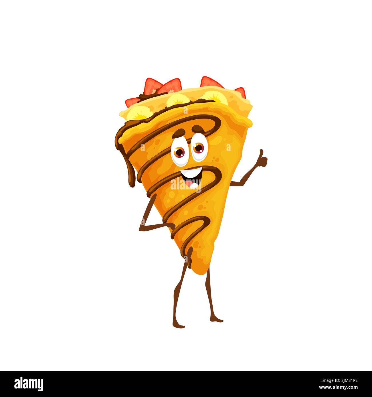 Caricature drôle crêpes personnage de dessert. Tarte vectorielle suzette ou blini avec farce à