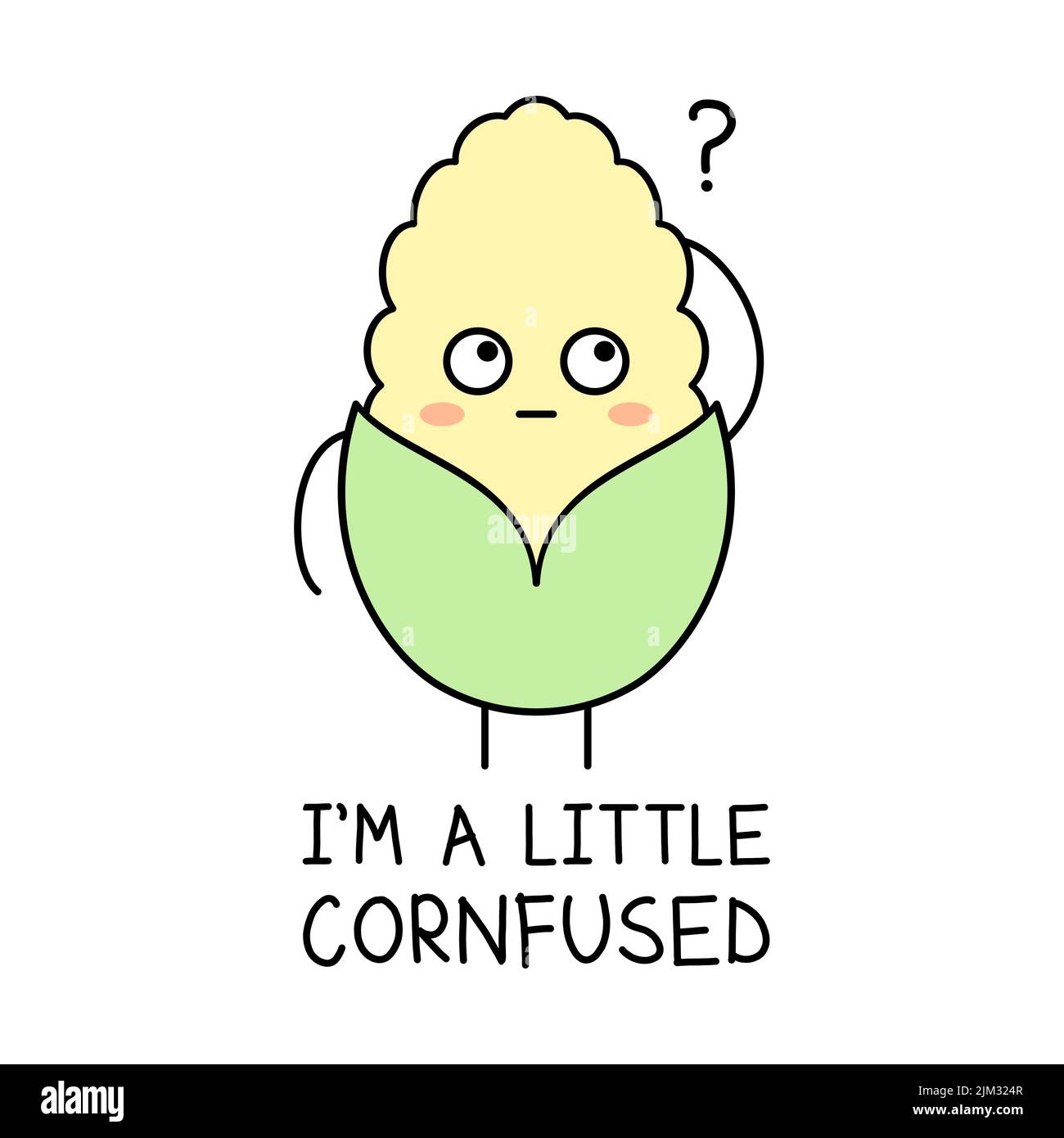 Pun à fusible Mignon maïs confus avec point d'interrogation. Texte « Je suis un peu semée ». Personnage de dessin animé à maïs. Drôle de jeu de maïs sur les mots. Vecteur Illustration de Vecteur