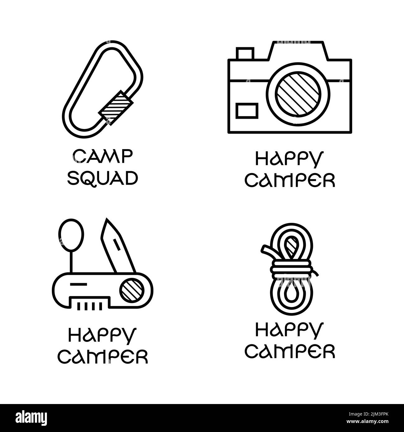 Camping logo Icon Design en ligne minimaliste style Art avec citation - Camp Squad et Happy Camper . Emblem linéaire de voyage. Étiquette Silhouette de randonnée. Stock Illustration de Vecteur