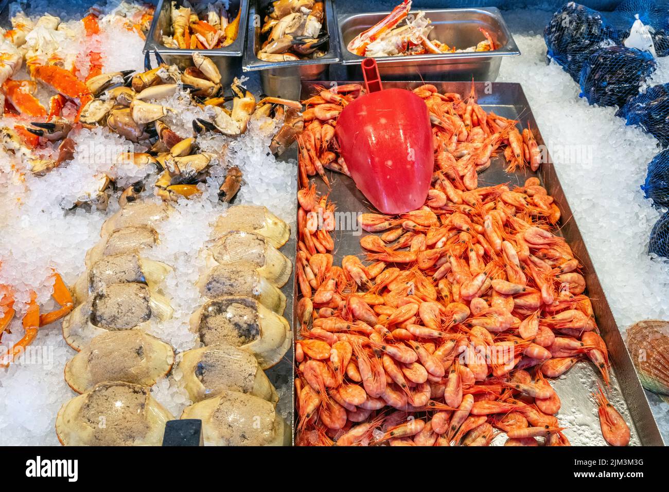 Palourdes et crevettes à vendre sur un marché de Bergen, Norvège Banque D'Images