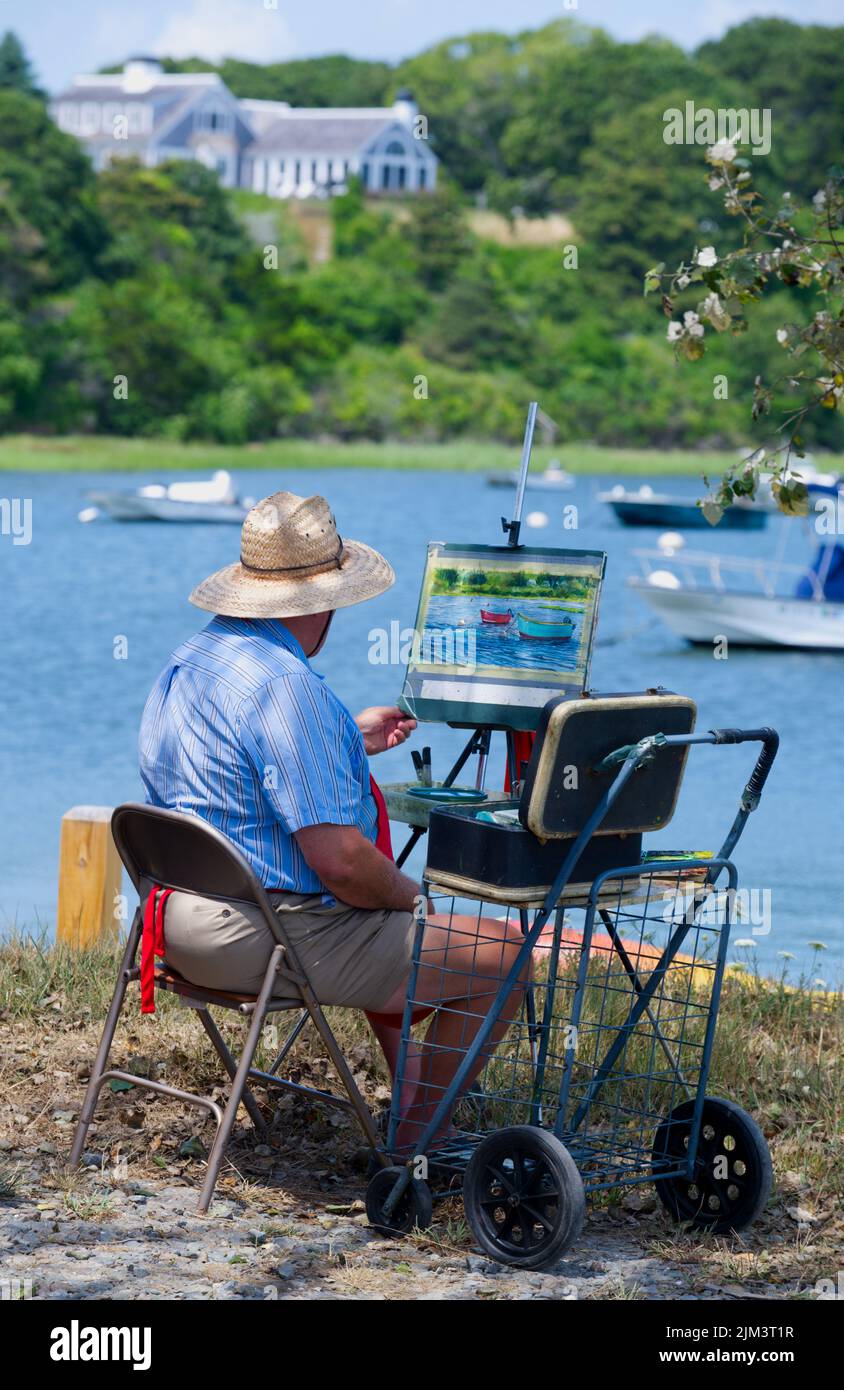 Un artiste travaille à Mill Pond Inlet à Chatham, Massachusetts, sur Cape Cod, aux États-Unis Banque D'Images