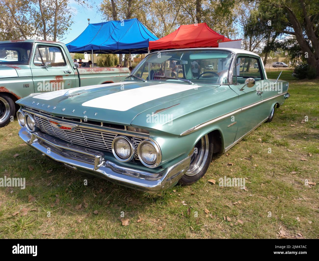 Vieille voiture de tourisme classique 1961 de Chevrolet Chevrolet gris Bel Air quatre portes garée sur l'herbe. Arbres de la nature. CopySpace Banque D'Images