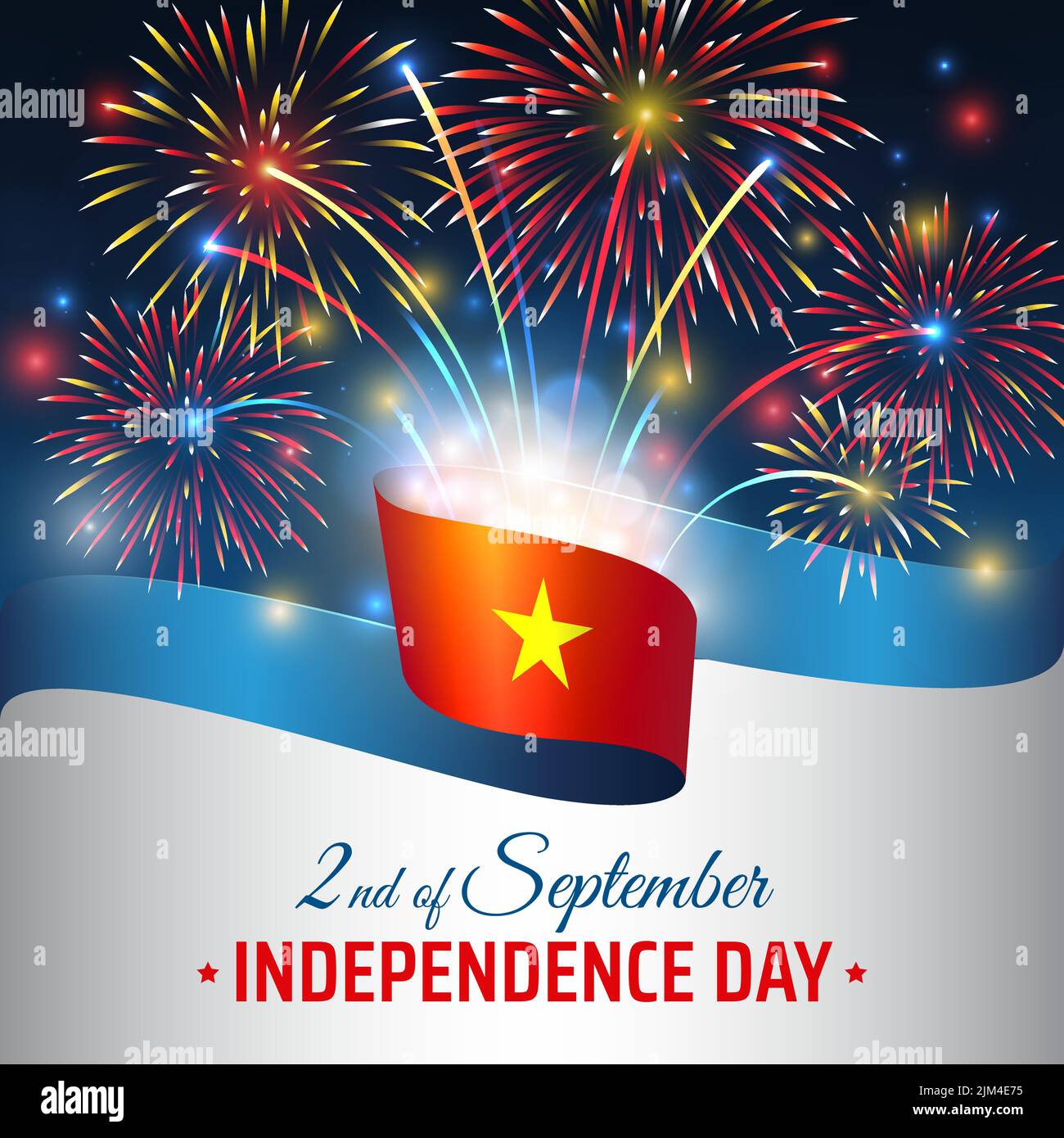 2 septembre, jour de l'indépendance du vietnam, modèle vectoriel drapeau vietnamien et feux d'artifice colorés sur fond bleu ciel de nuit. Fête nationale du Vietnam Illustration de Vecteur