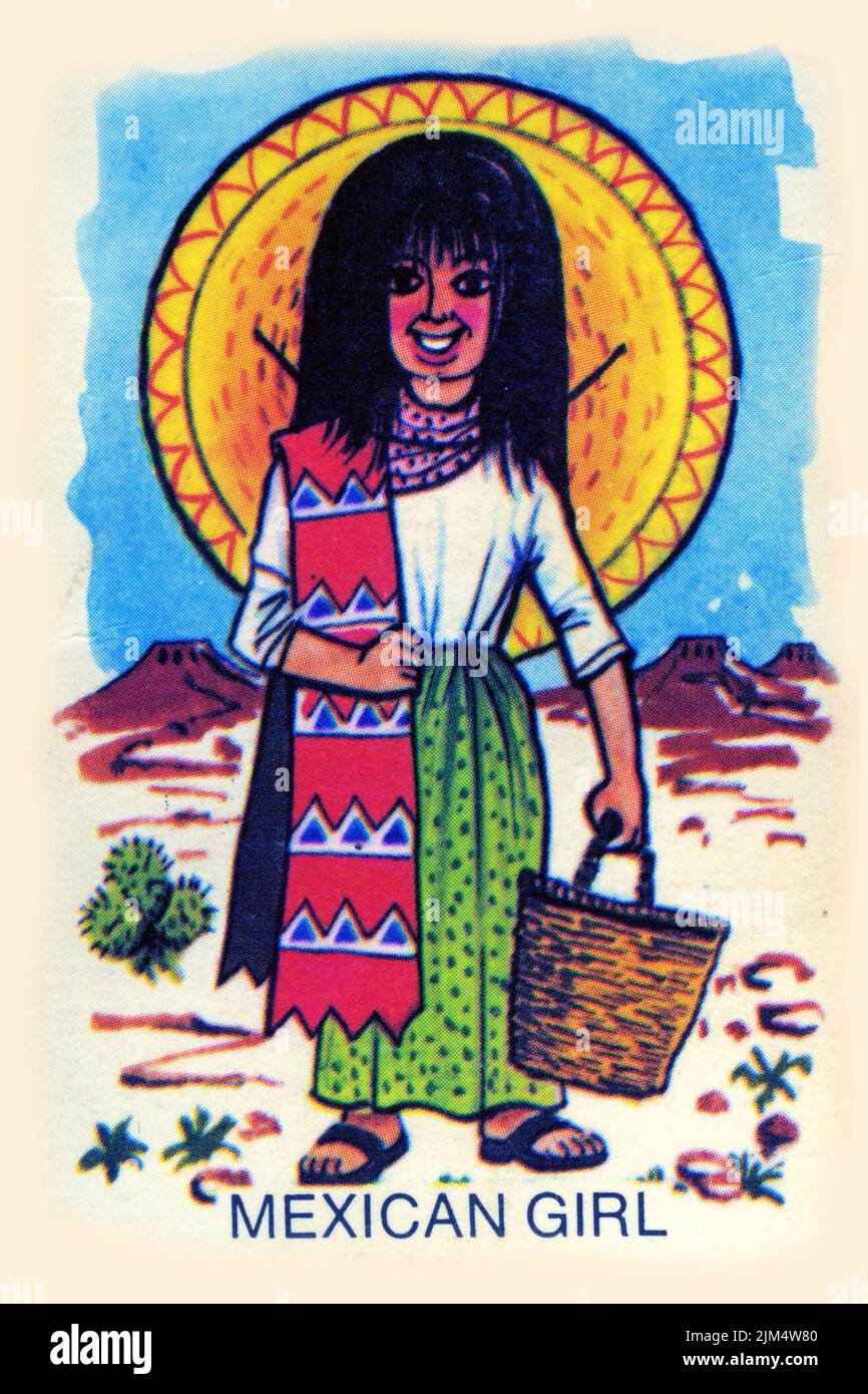 Design rétro d'une carte pour jouer à Snap, avec une fille mexicaine, vers 1940 Banque D'Images