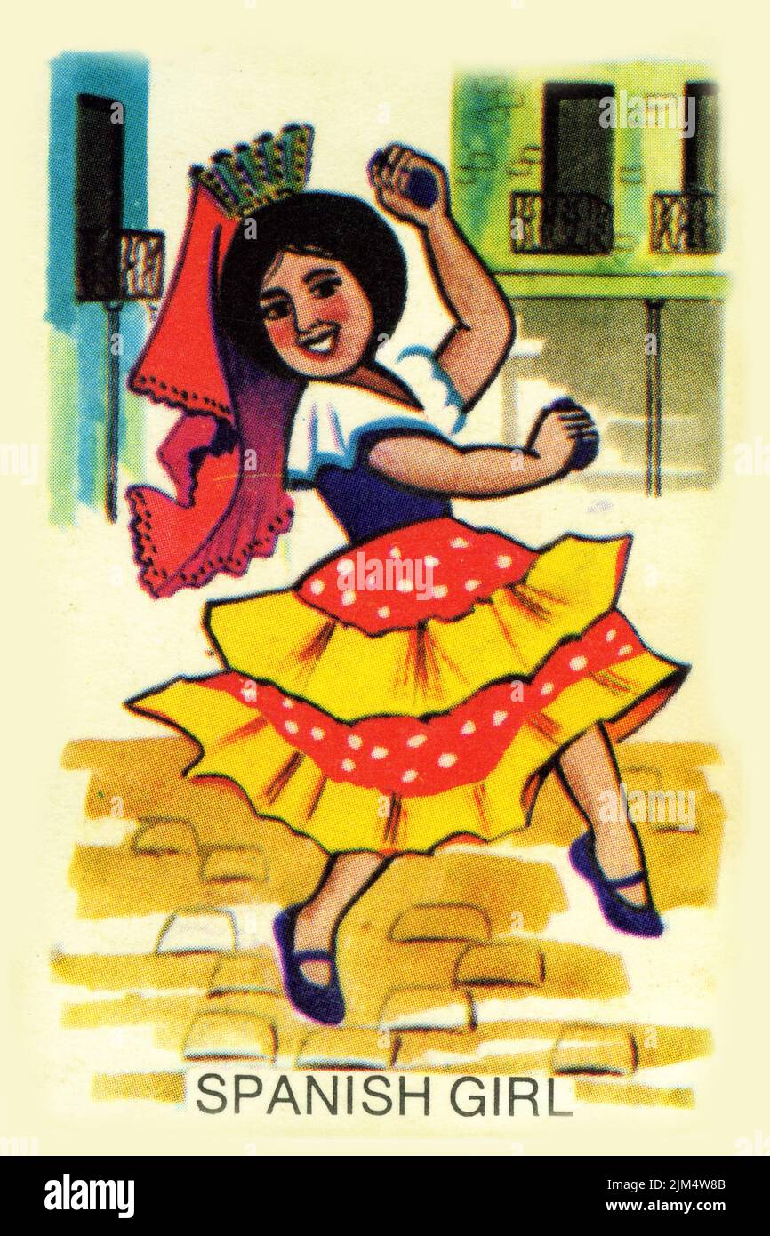 Design rétro d'une carte pour jouer à Snap, avec une fille espagnole, vers 1940 Banque D'Images