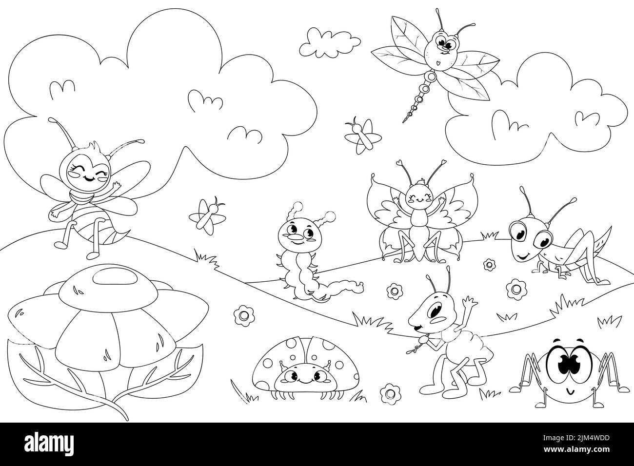 Page de livre de coloriage de dessin animé pour les enfants. Illustration vectorielle noire pour les enfants avec fleurs, cute caterpillar, sauterelle, abeille, papillon et coccinelle heureuse sur fond blanc. Illustration de Vecteur