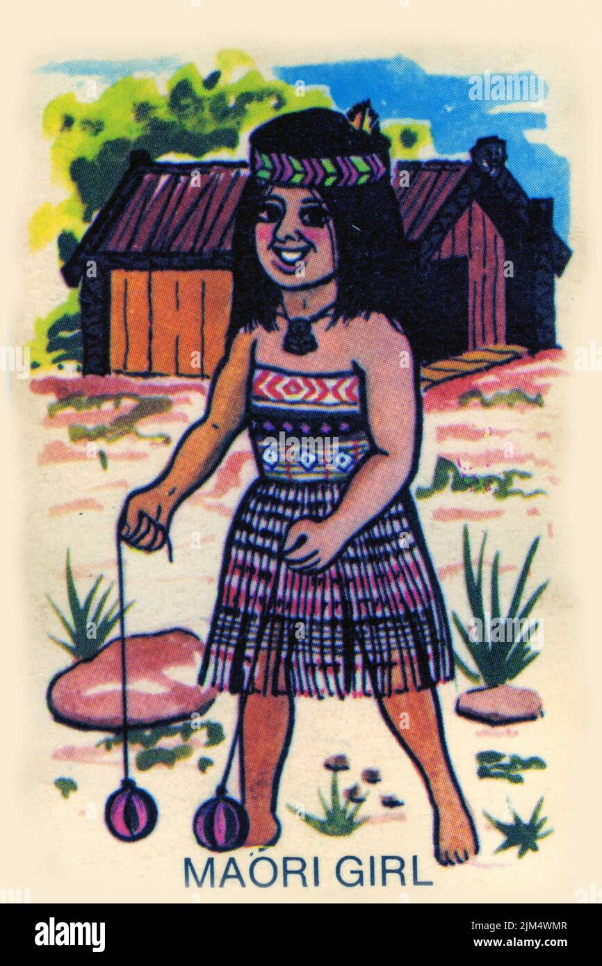 Design rétro d'une carte pour jouer à Snap, avec une fille maorie, vers 1940 Banque D'Images