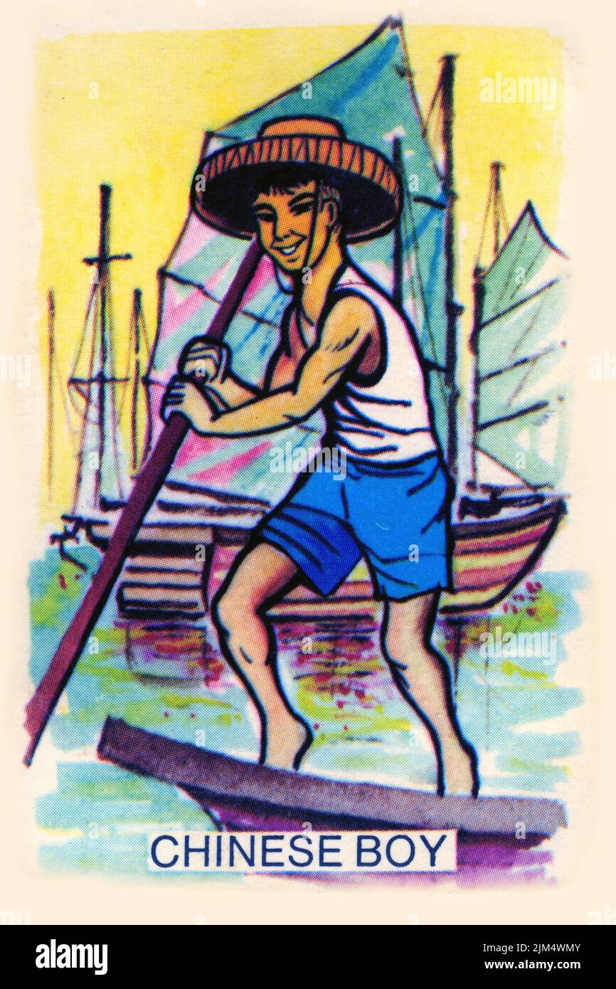 Design rétro d'une carte pour jouer à Snap, avec un garçon chinois, vers 1940 Banque D'Images