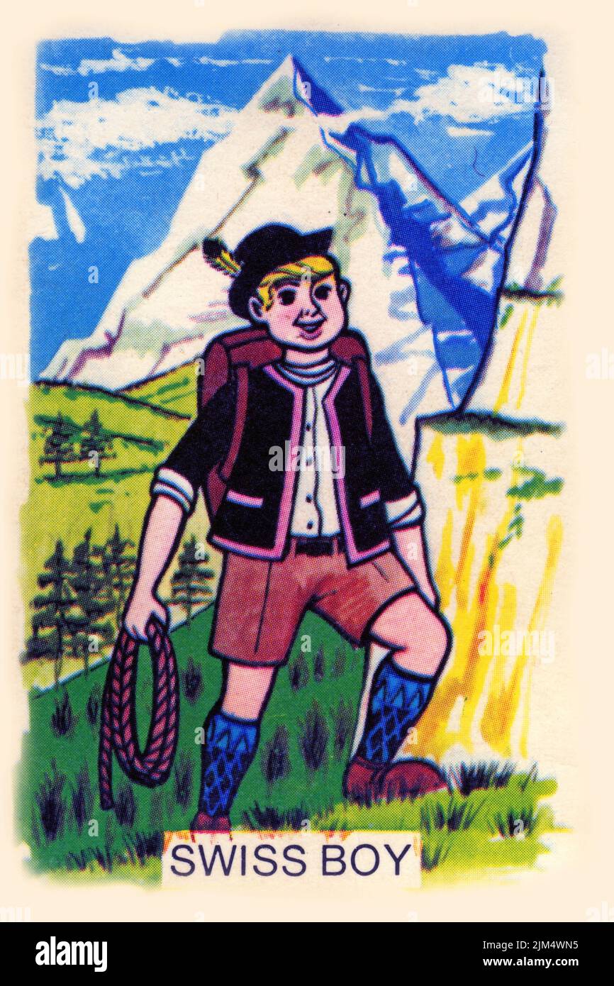 Design rétro d'une carte pour jouer à Snap, avec un garçon suisse, vers 1940 Banque D'Images