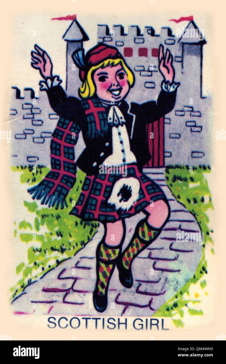 Design rétro d'une carte pour jouer à Snap, avec une fille écossaise, vers 1940 Banque D'Images
