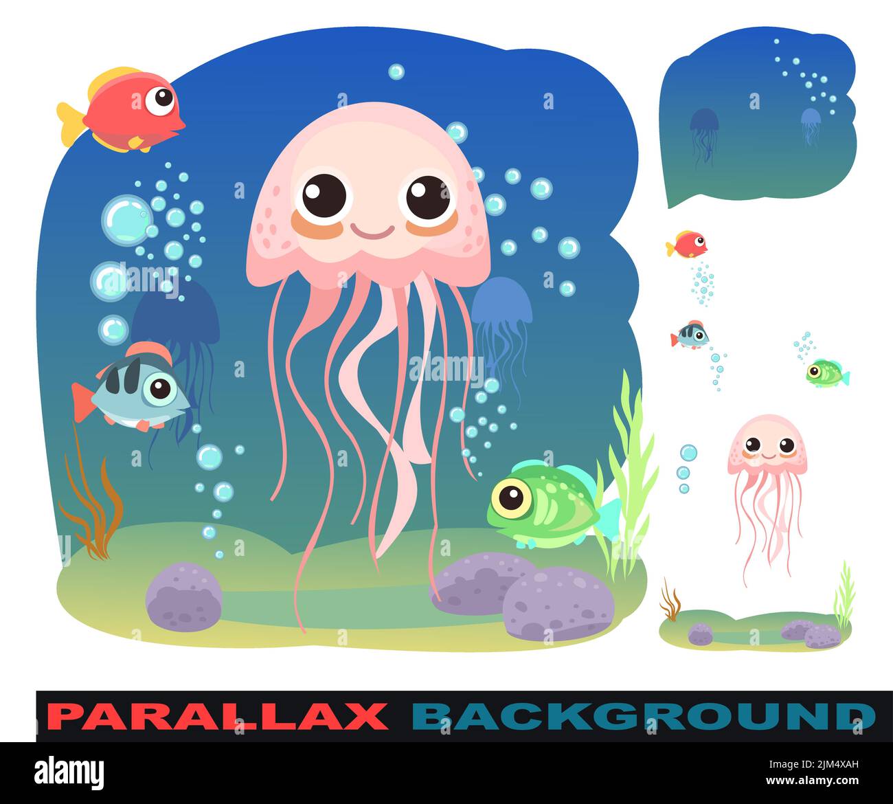 Méduses petit paysage. Définir l'effet de parallaxe. La vie sous-marine. Animaux sauvages. Océan, mer. Eau d'été. Isolé sur fond blanc. Illustration Illustration de Vecteur