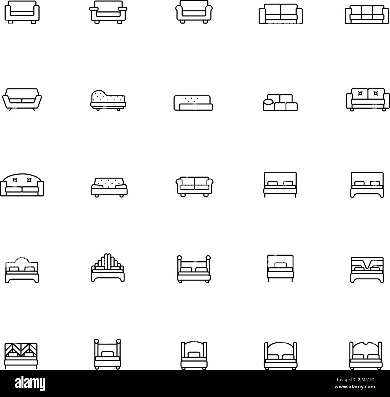 Icônes de lits et canapés. Icône de contour de meuble Illustration de Vecteur