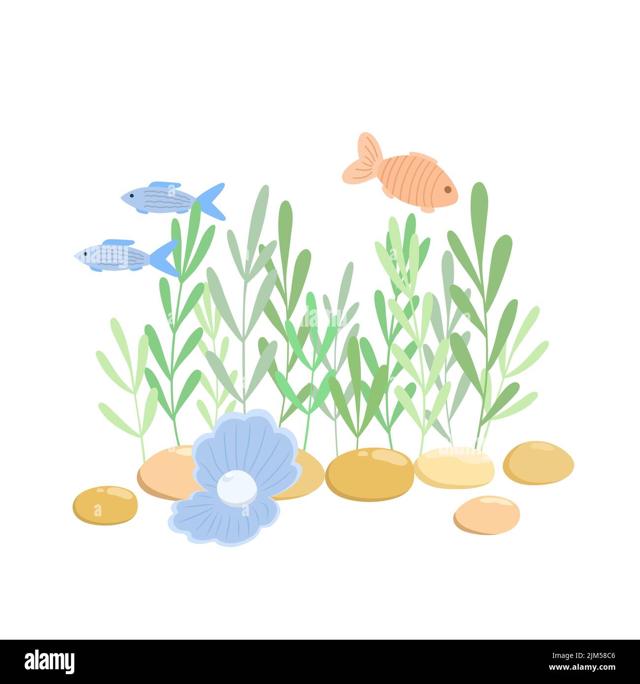 Algues sous-marines, pierres, adorable seashell avec perle et dessin vectoriel de poissons de natation, vie marine composition simple de style de dessin animé, mer flore océan image dessinée à la main Illustration de Vecteur