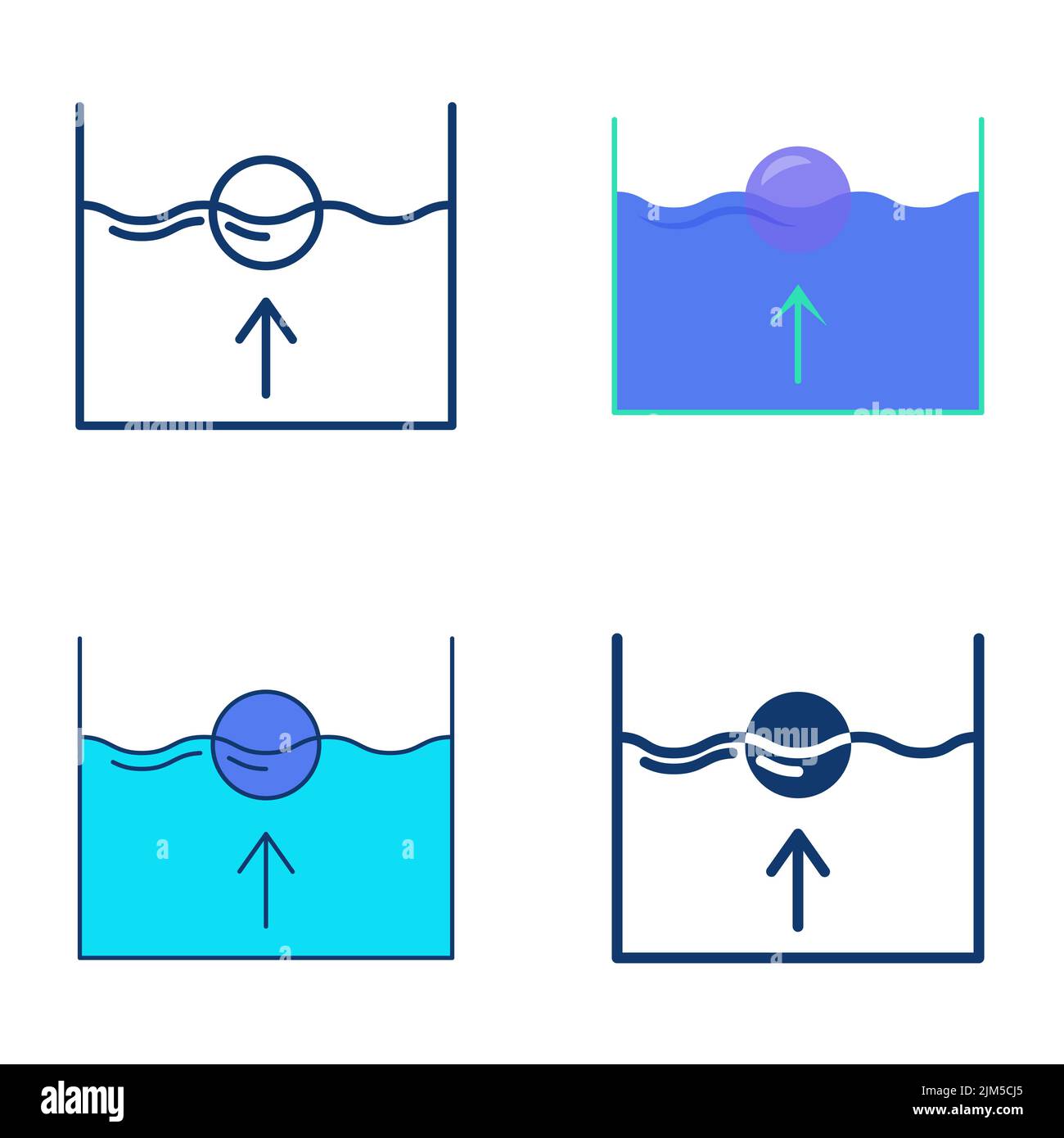 Icône de force de flottaison en forme de ligne et plate. Symbole de la loi de la physique. Boule flottant dans l'eau. Illustration vectorielle. Illustration de Vecteur