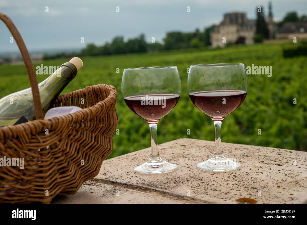 Dégustation de vin rouge sec de pinot noir en verres sur les vignobles de première et de grande cru dans la région viticole de Bourgogne près du village de Vosne-Romanée, en France Banque D'Images