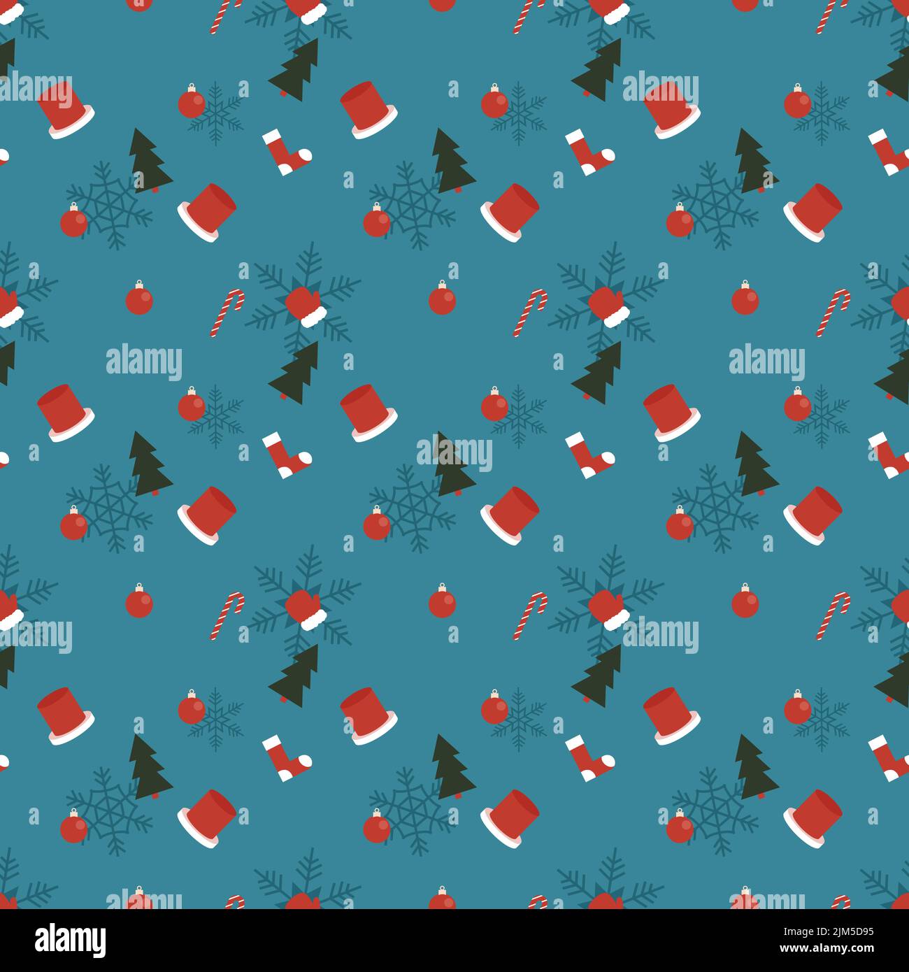 Un motif vectoriel de mini arbres de Noël et de chaussettes, chapeaux, gants et bonbons rouges de Noël isolés sur un fond turquoise avec des flocons de neige bleus Illustration de Vecteur