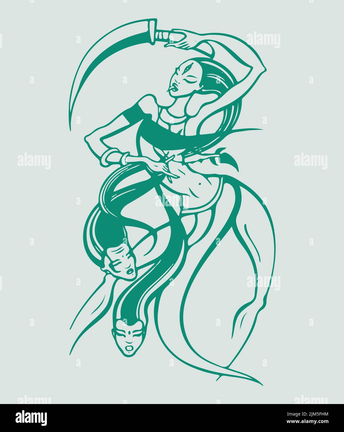 Une illustration de la déesse kali de la religion indienne sur fond vert Illustration de Vecteur