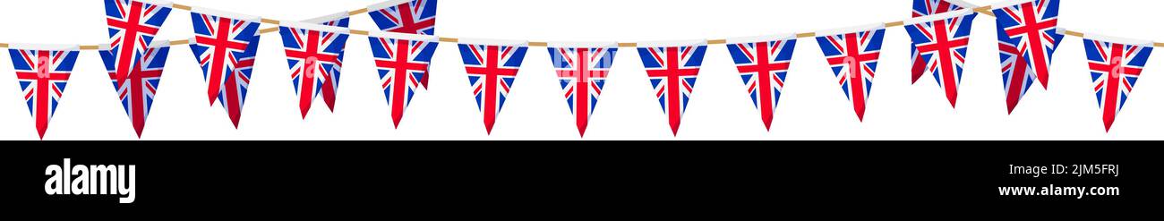Guirlande drapeau britannique. Union Jack Pennants chaîne. Décoration de soirée britannique. Drapeaux de la Grande-Bretagne pour la célébration. Pied de page et arrière-plan de la bannière. Illustration de Vecteur