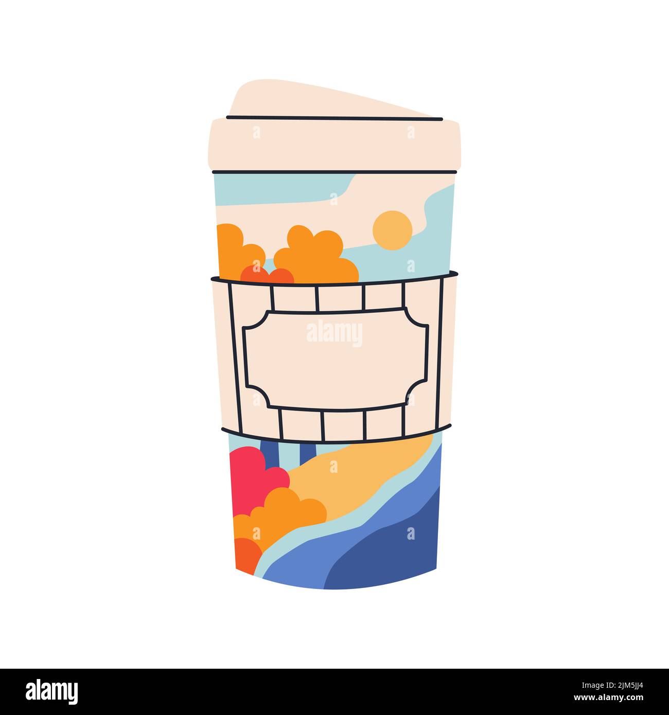 Une tasse de café à emporter avec un paysage d'automne à l'intérieur. Rivière, arbres et collines. Pochette pour gobelet avec place pour le texte. Illustration vectorielle. Illustration de Vecteur