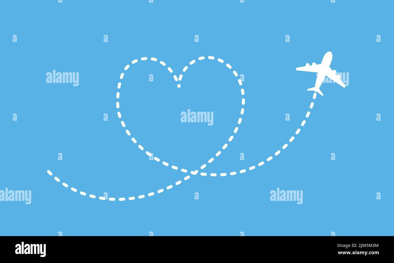 chemin de ligne pointillée de routage irplane avec icône de vecteur de forme de cœur. Le concept de voyage d'amour. Excursion lune de miel Illustration de Vecteur