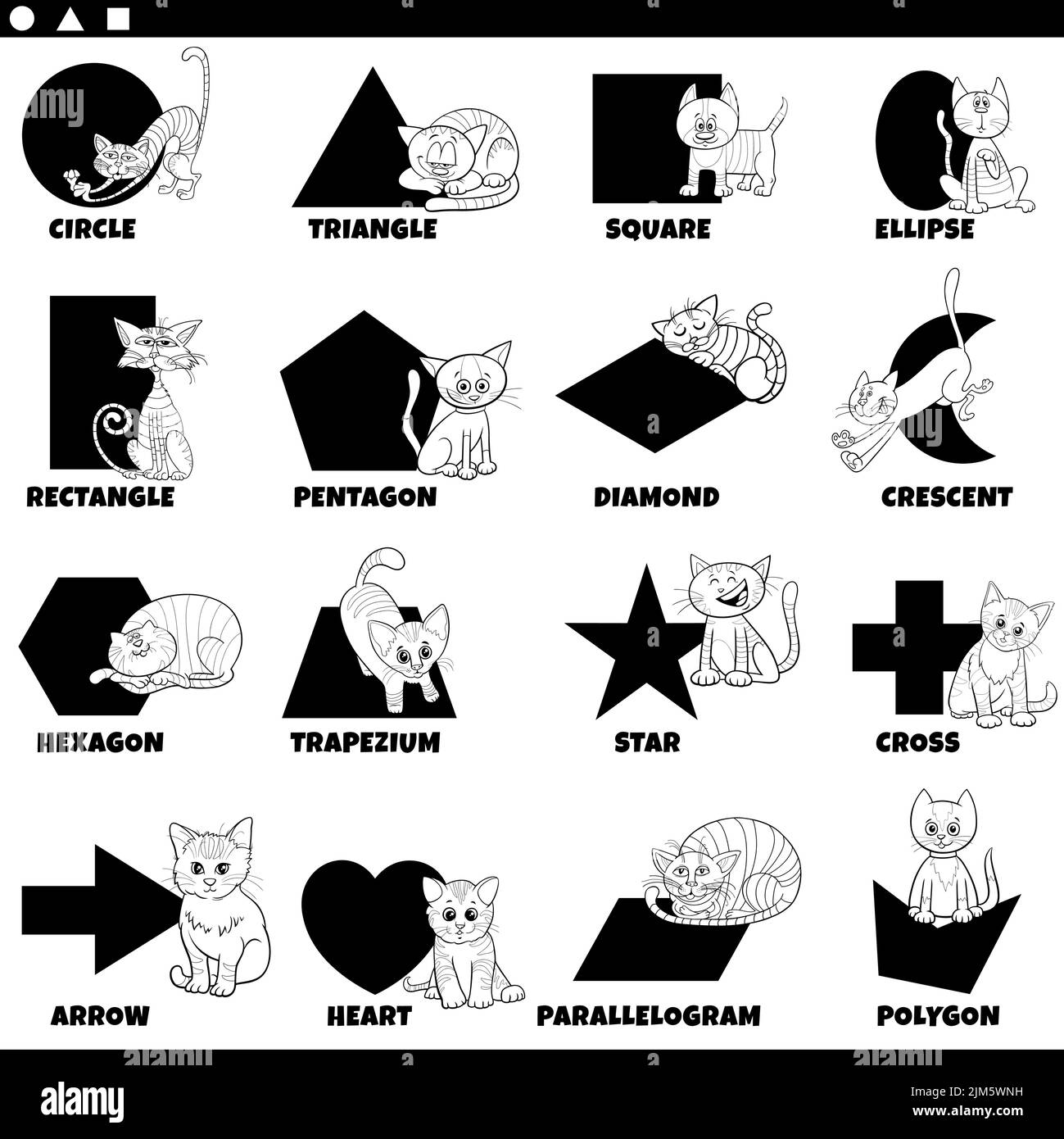 Dessin animé éducatif noir et blanc illustration de formes géométriques de base avec légendes et chats caractères animaux pour l'âge préscolaire et élémentaire c Illustration de Vecteur