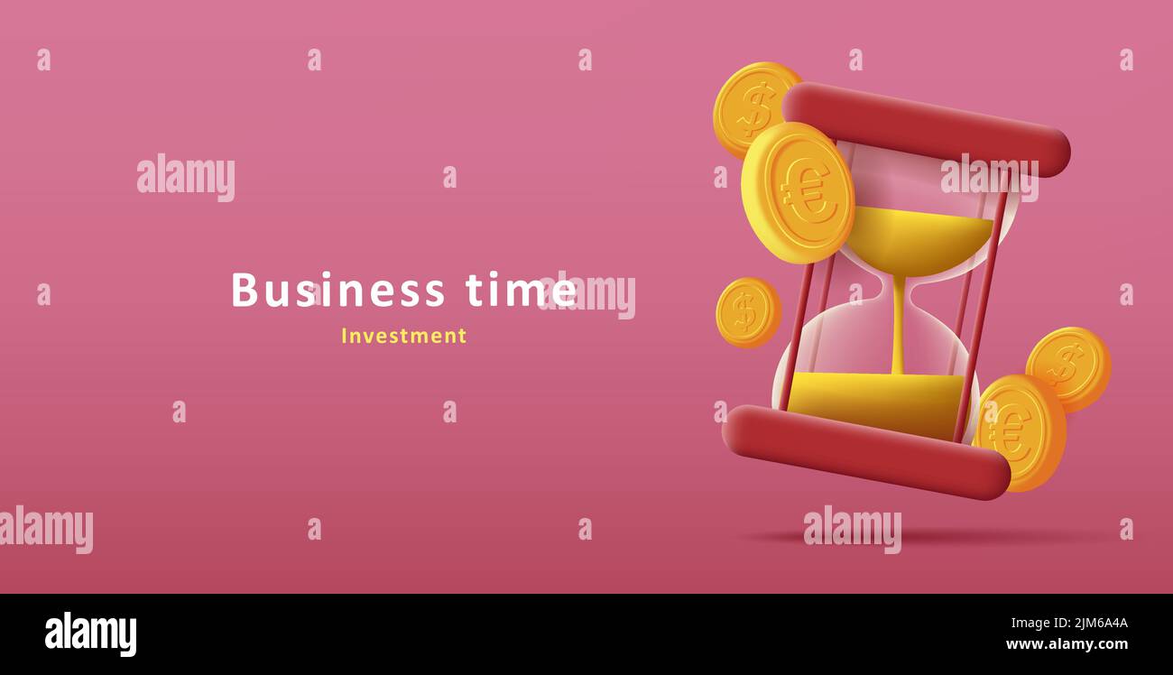 3d illustration d'une horloge de sable en verre avec des pièces d'argent d'or Illustration de Vecteur