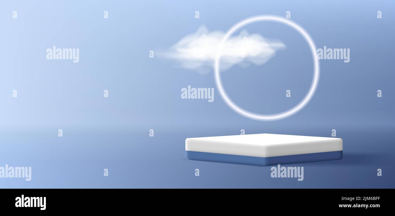 scène de présentation de produit avec socle carré et cercle néon avec nuage réaliste Illustration de Vecteur