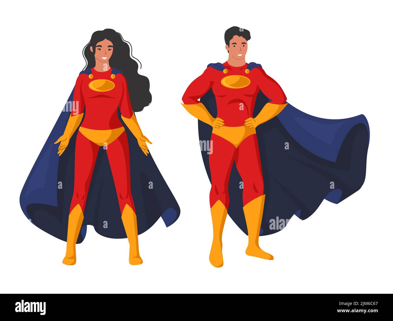 L'homme et la femme superhéros dans le masque et le cloak vecteur illustration. Superman et superwoman isolés sur fond blanc. Héroïne féminine et chariot de héros masculin Illustration de Vecteur