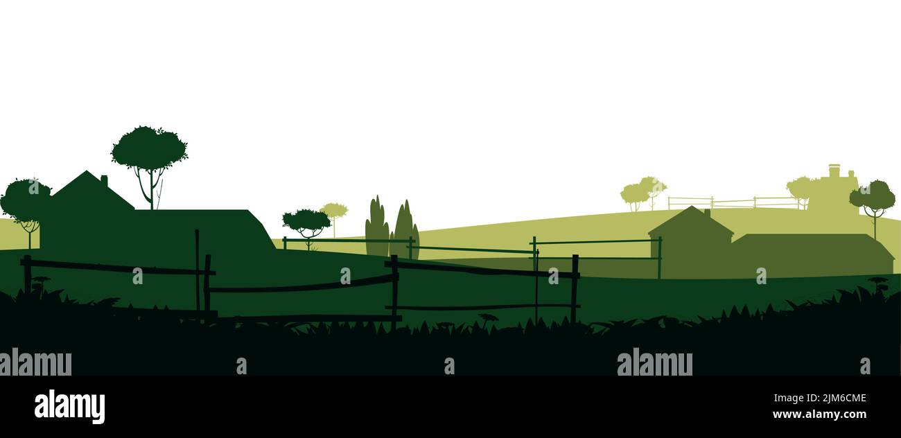 Ferme rurale. Avec champs, pâturages et bâtiments. Silhouette de l'image. Élevage d'animaux et de plantes agricoles domestiques. Isolé sur fond blanc. Vecteur Illustration de Vecteur