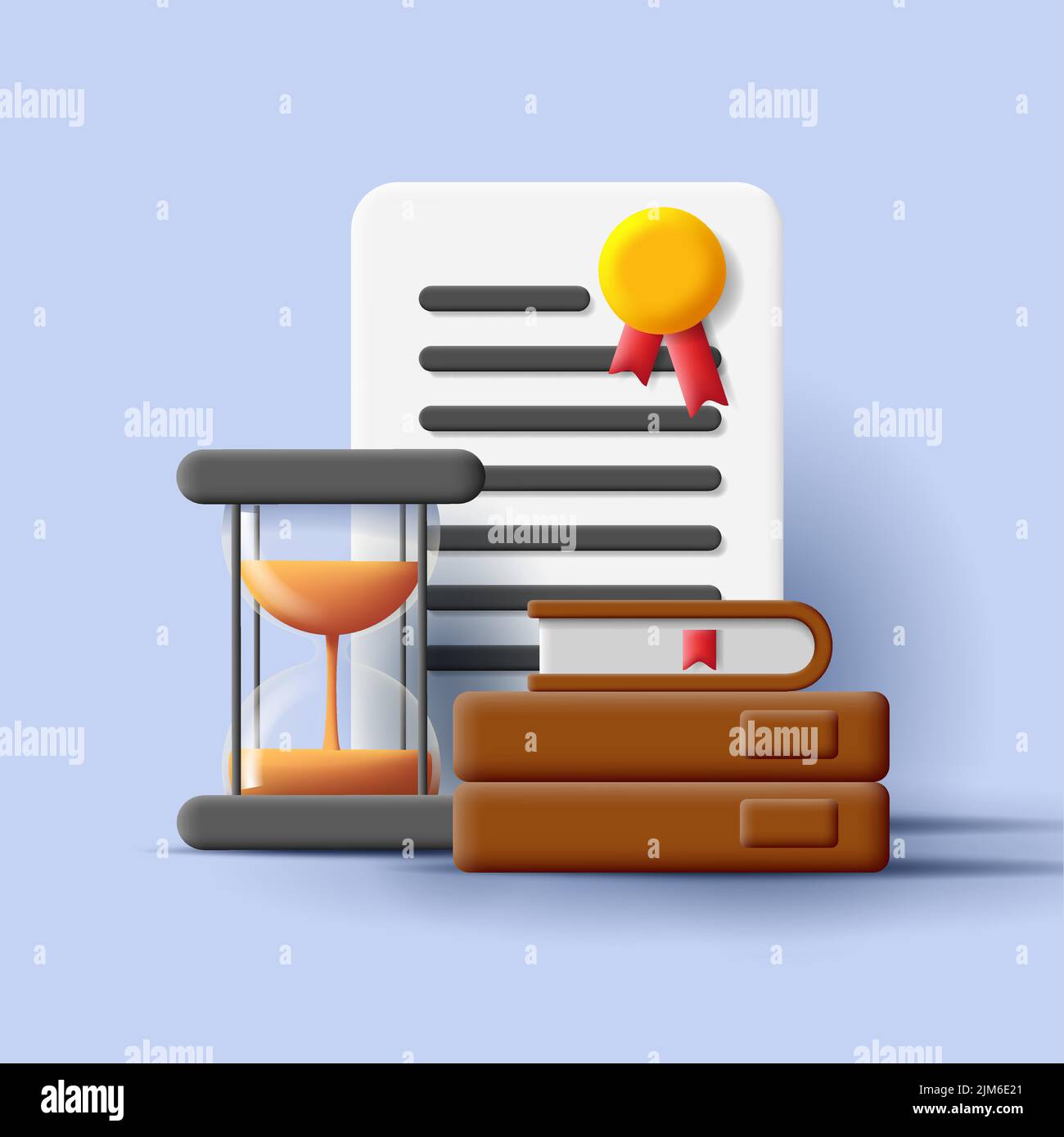 3d icône de contrat ou de diplôme document avec horloge de sable et pile de livres Illustration de Vecteur