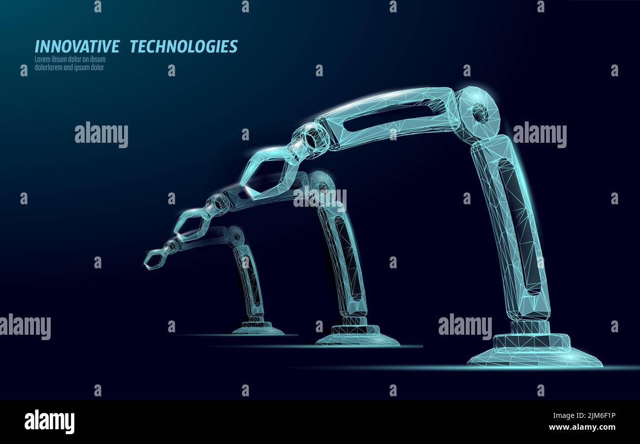 Manipulateur poly bas du bras du robot.Forme triangulaire d'assemblage de construction de pièce.Les points connectés polygonaux 3D rendent l'innovation robotique artificielle de machines Illustration de Vecteur