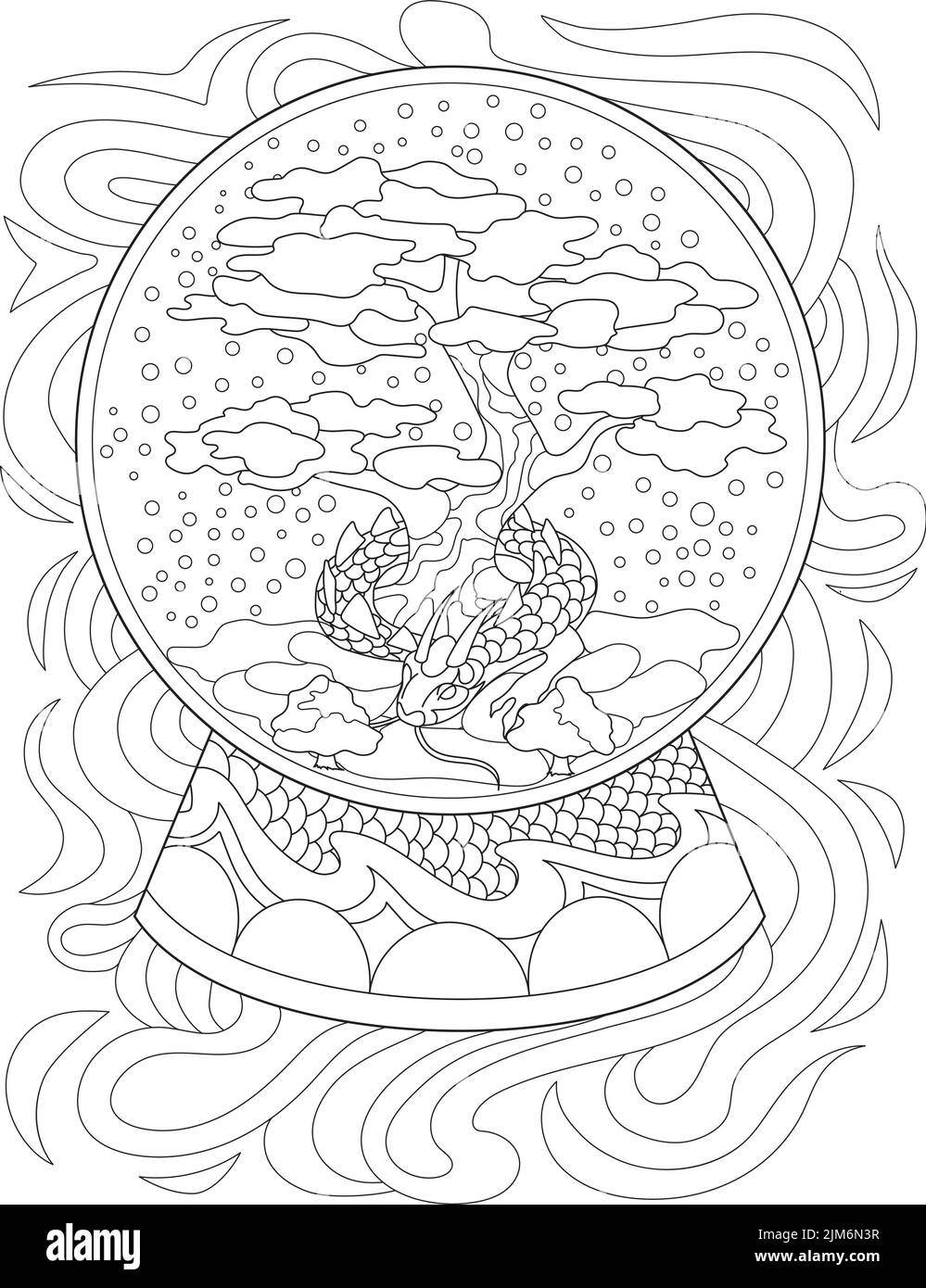 Livre de coloriage avec verre à neige avec dragon autour de Bonsai intérieur. Feuille à colorer avec le globe en neige avec les arbres et le serpent dedans. Décoration avec Illustration de Vecteur