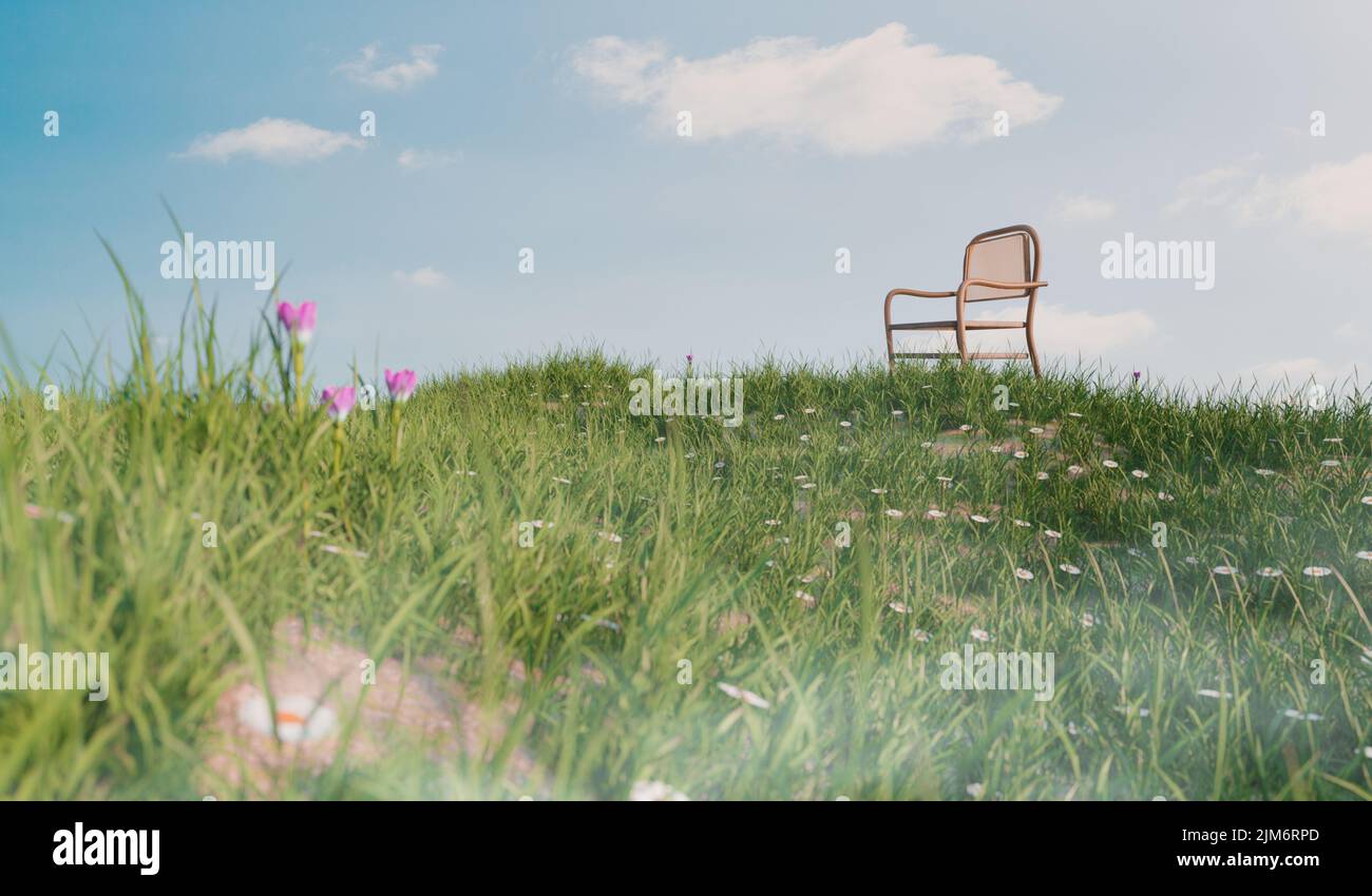 chaise en bois sur une petite colline avec champ d'herbe, environnement et concept convivial, 3d rendu d'illustration Banque D'Images