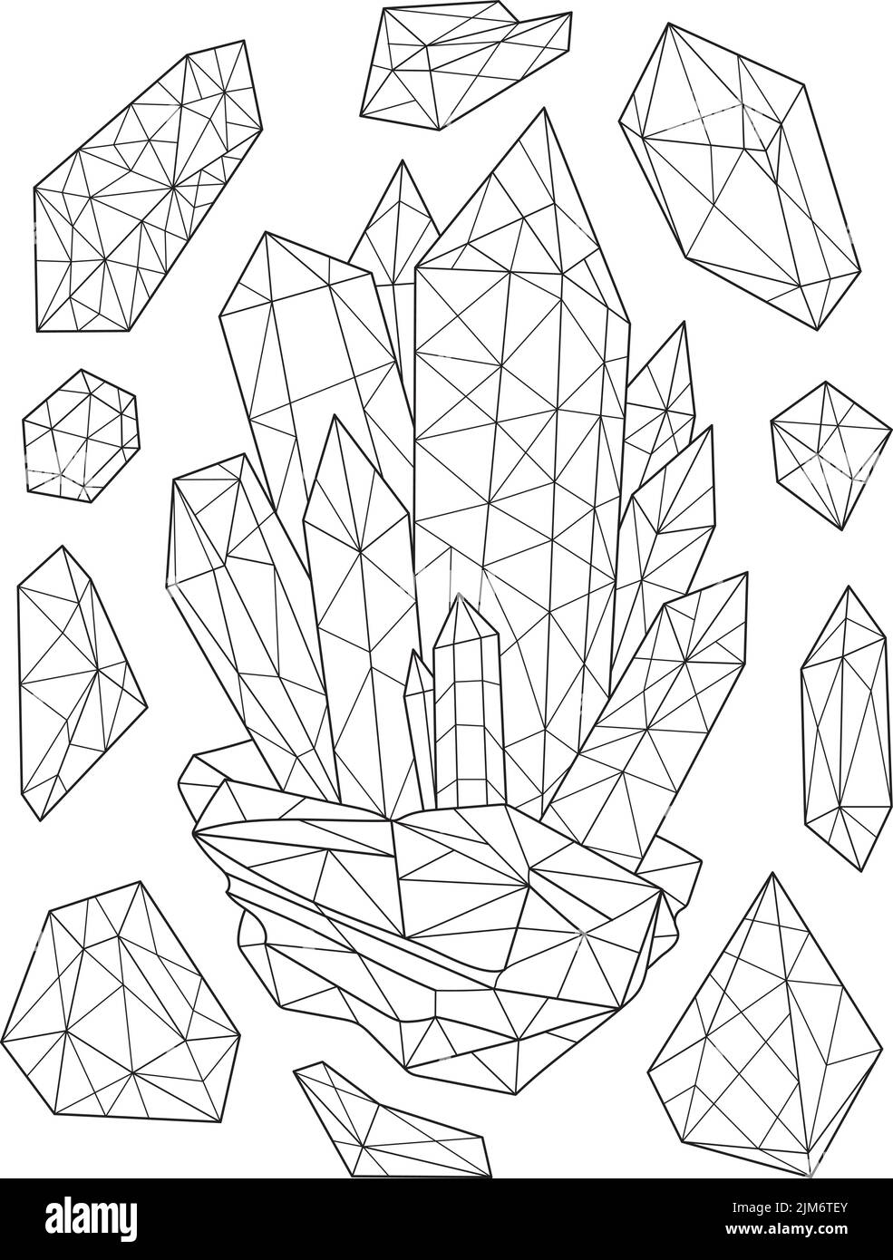 Page de livre de coloriage avec diamants détaillés. Feuille à colorer avec des noms de bijoux. De grandes pierres précieuses avec des petits partout en arrière-plan. Illustration de Vecteur