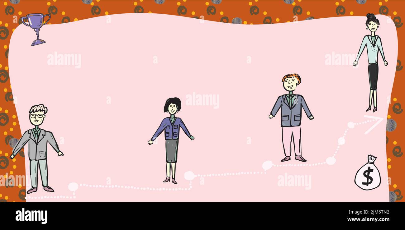 Équipe d'affaires debout sur l'escalier de la réussite avec Trophée et sac d'argent sur les côtés. Hommes d'affaires et femmes d'affaires présentant un développement important Illustration de Vecteur