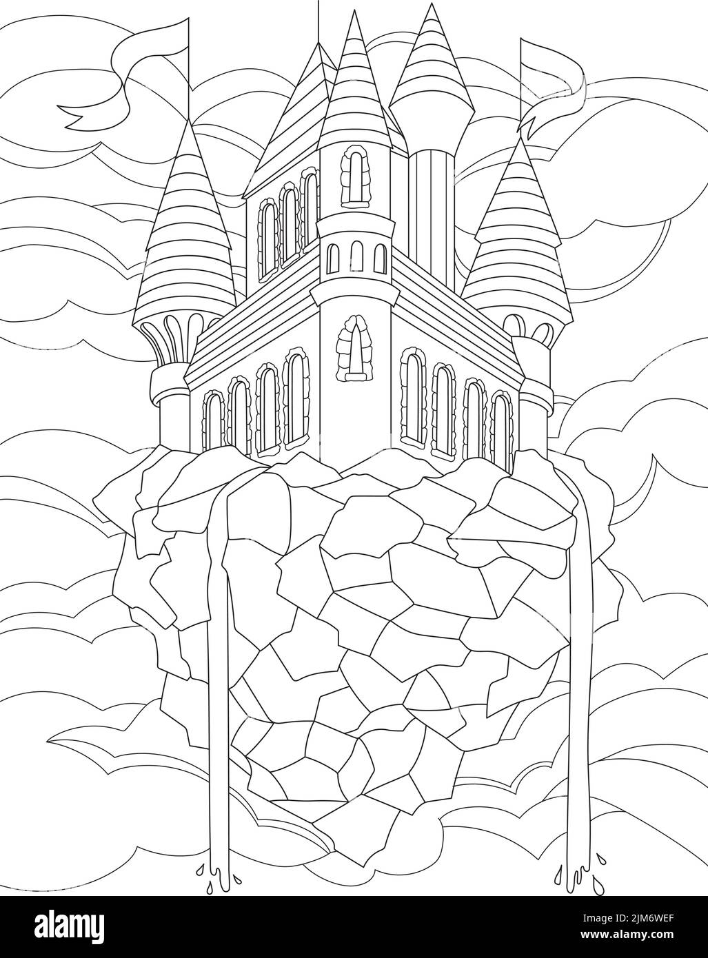 Page de livre de coloriage avec Big Castle avec drapeaux sur le dessus placé sur la colline. Feuille à colorer avec Old fort avec nuages en arrière-plan. Immense manoir sur le dessus. Illustration de Vecteur