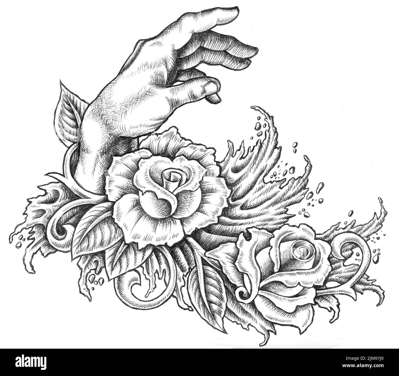 Une illustration numérique de tatouage blanc noir d'une main avec des roses et des feuilles Banque D'Images