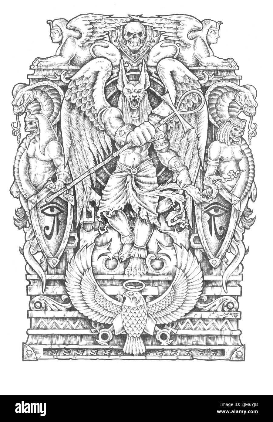 Une illustration numérique de tatouage noir blanc des anciens dieux égyptiens Banque D'Images