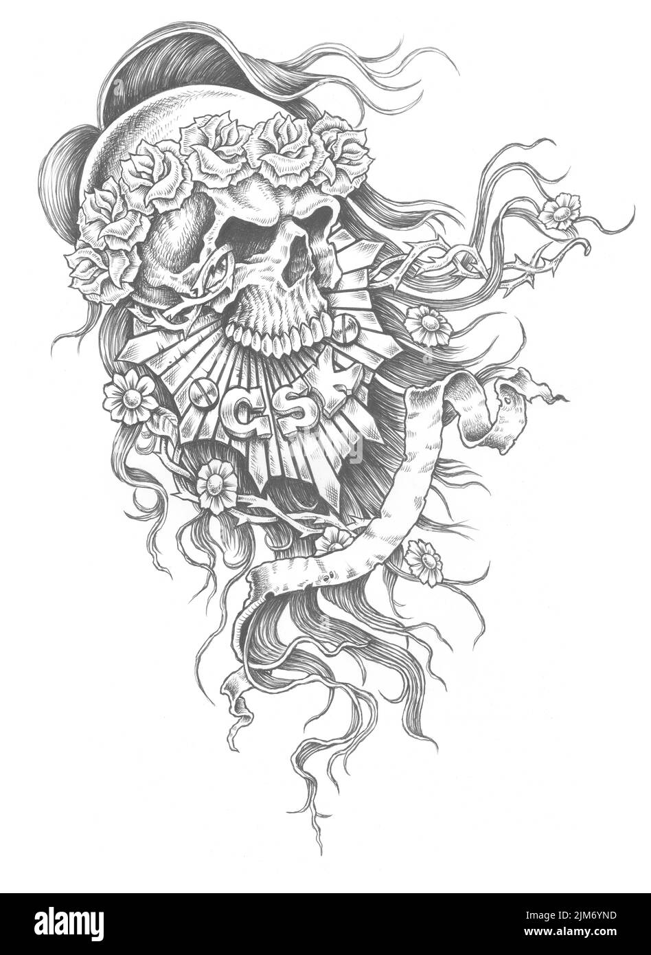 Une illustration numérique de tatouage noir blanc d'un crâne avec des détails floraux Banque D'Images