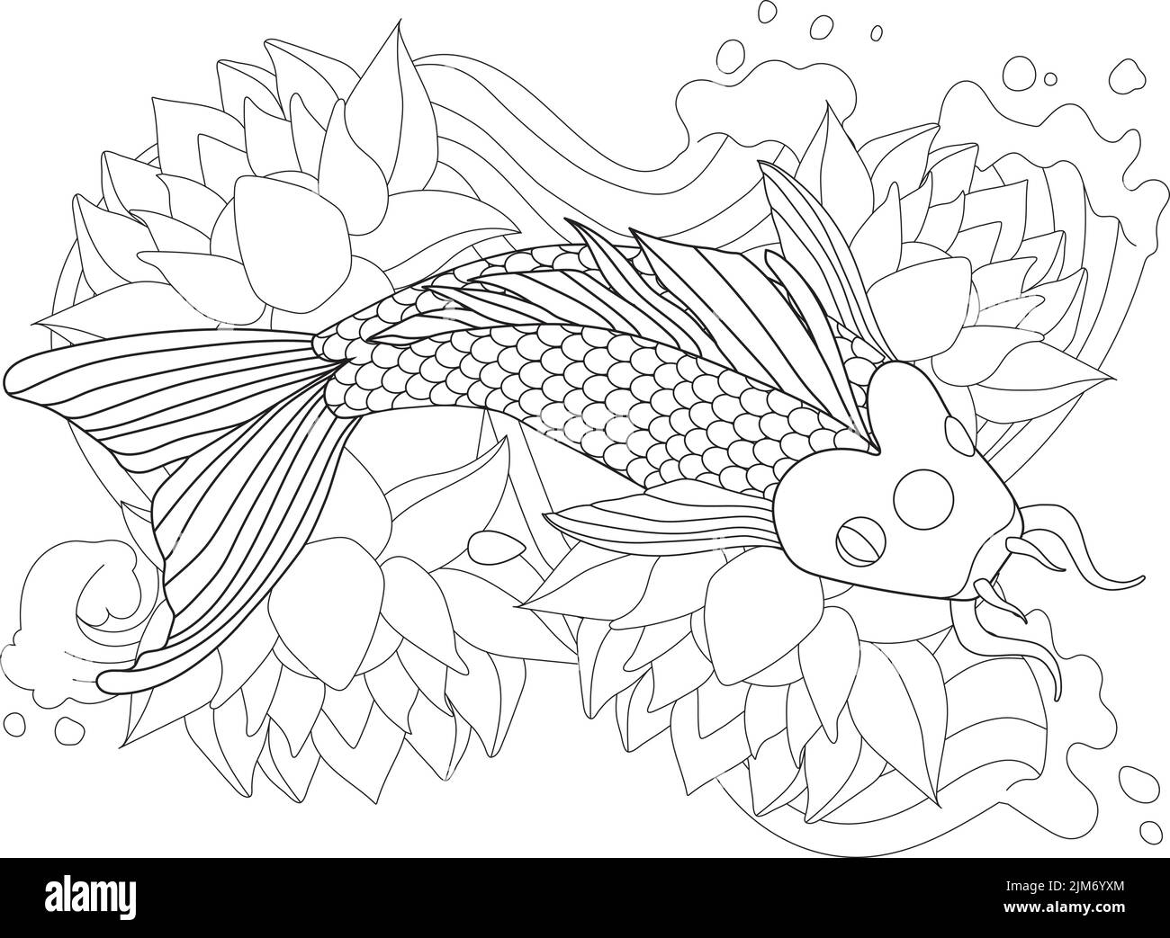 Page de livre de coloriage avec poissons détaillés Swimmimg sur fleurs. Feuille à colorer avec créature marine avec vague et loteries en arrière-plan. Animal marin Illustration de Vecteur