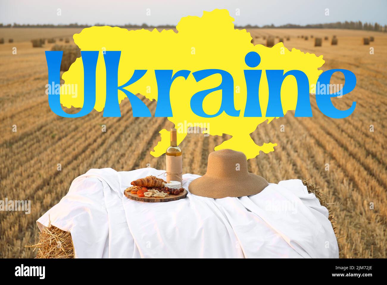 Pique-nique avec de la nourriture savoureuse et du vin dans le champ de récolte et mot UKRAINE Banque D'Images
