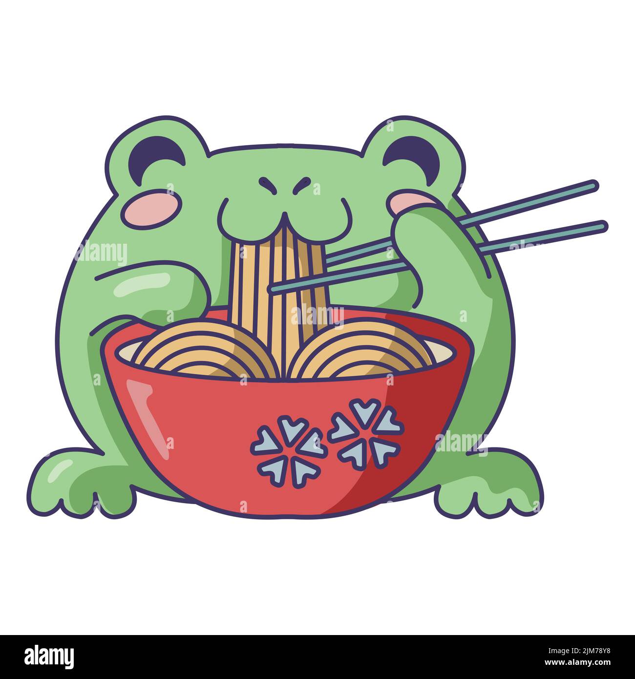 Une jolie grenouille verte mangeant des nouilles avec des baguettes sur fond blanc Illustration de Vecteur