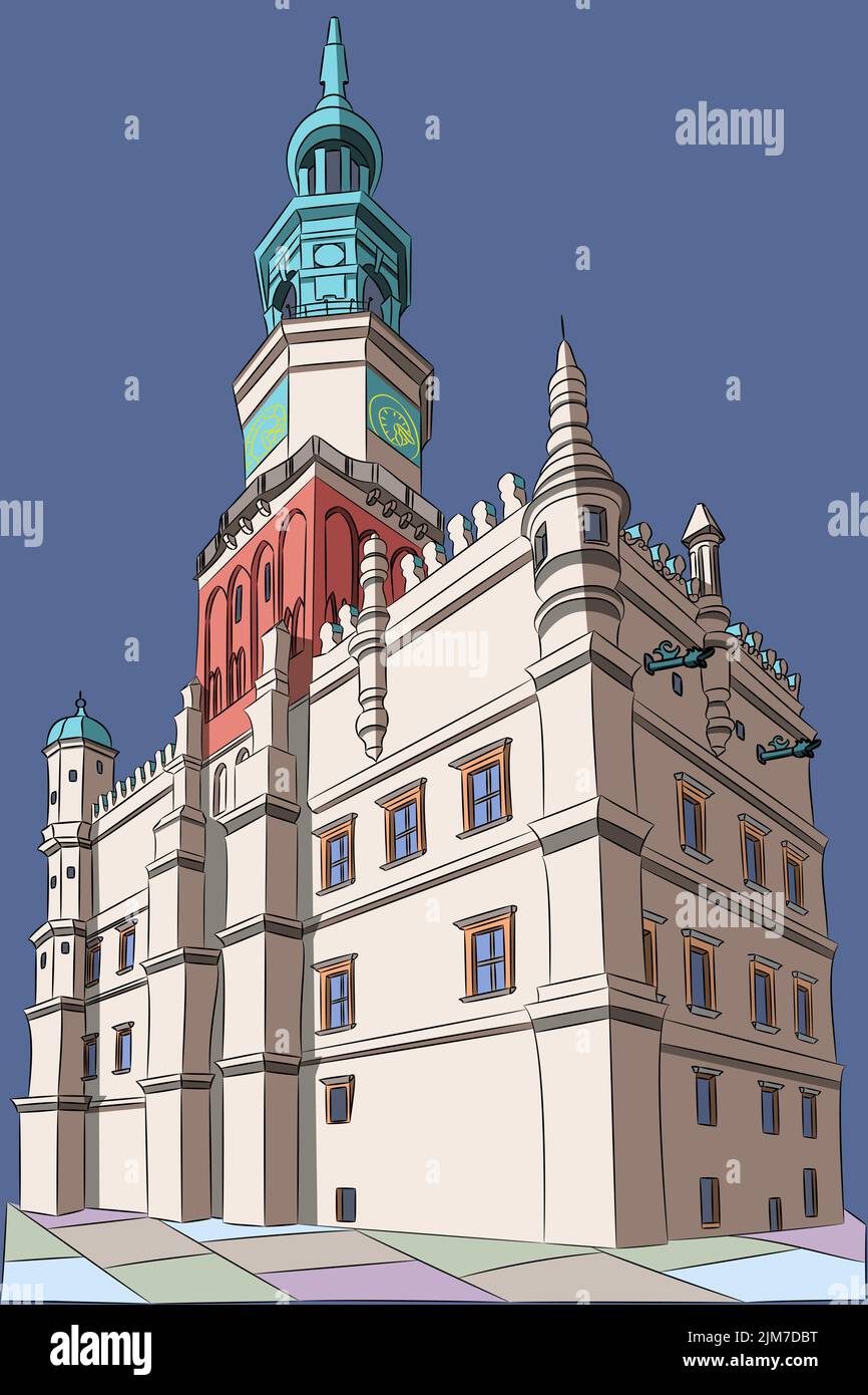 Le bâtiment de l'ancien hôtel de ville médiéval dans le marché de la ville. Poznan. Pologne. Illustration vectorielle. Illustration de Vecteur