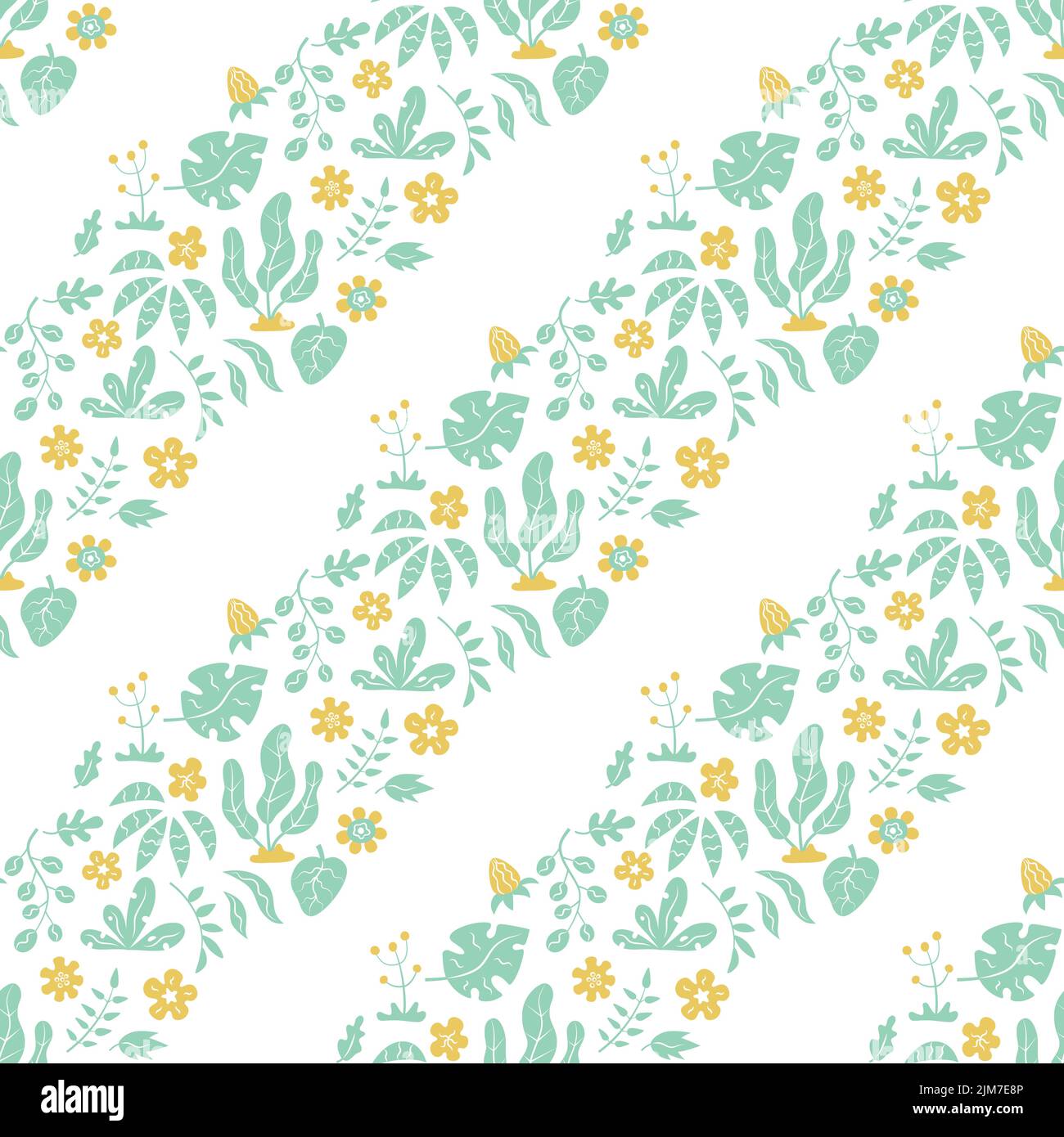 Motif sans couture avec feuilles vertes tropicales et fleurs jaunes sur fond blanc. Vecteur Illustration de Vecteur