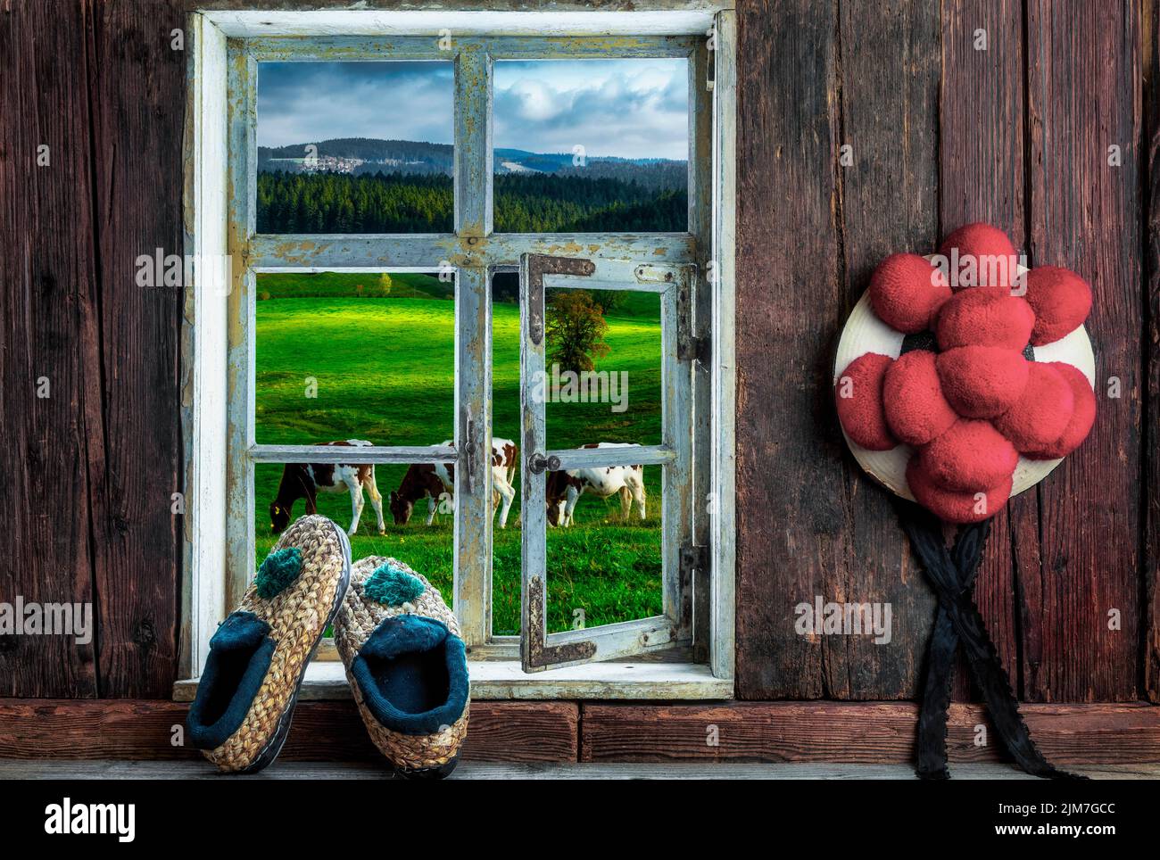 Bürkale Bauernstube mit Bollenhut und Strohfinken und Blick in die Landschaft Banque D'Images