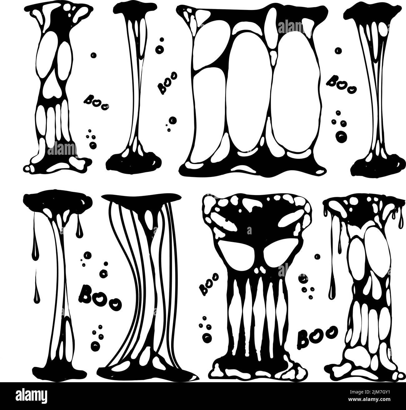 Un ensemble pour travailler avec des blobs. Éléments dessinés de style Doodle. Éclaboussures noires de chaux, de chaux qui s'étire, de chaux qui s'égoutte toxique. Éclaboussures et gouttelettes de chaux Illustration de Vecteur